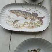 vintage porcelain dinner service with fish pattern and gold trim