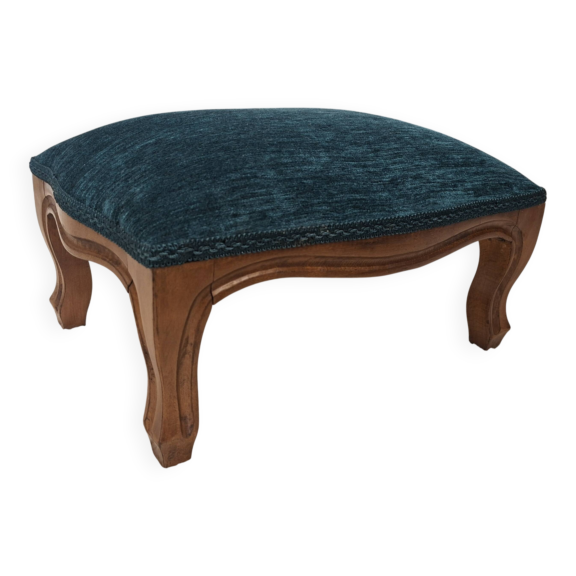 Louis XV footrest – duck blue velvet – fully reupholstered
