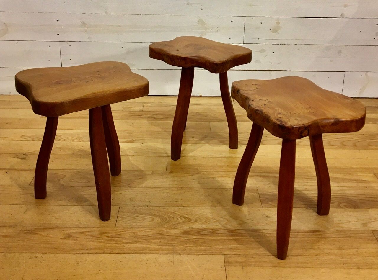 Brutalist tripod stools in solid elm, France 1960