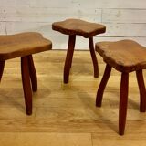 Brutalist tripod stools in solid elm, France 1960