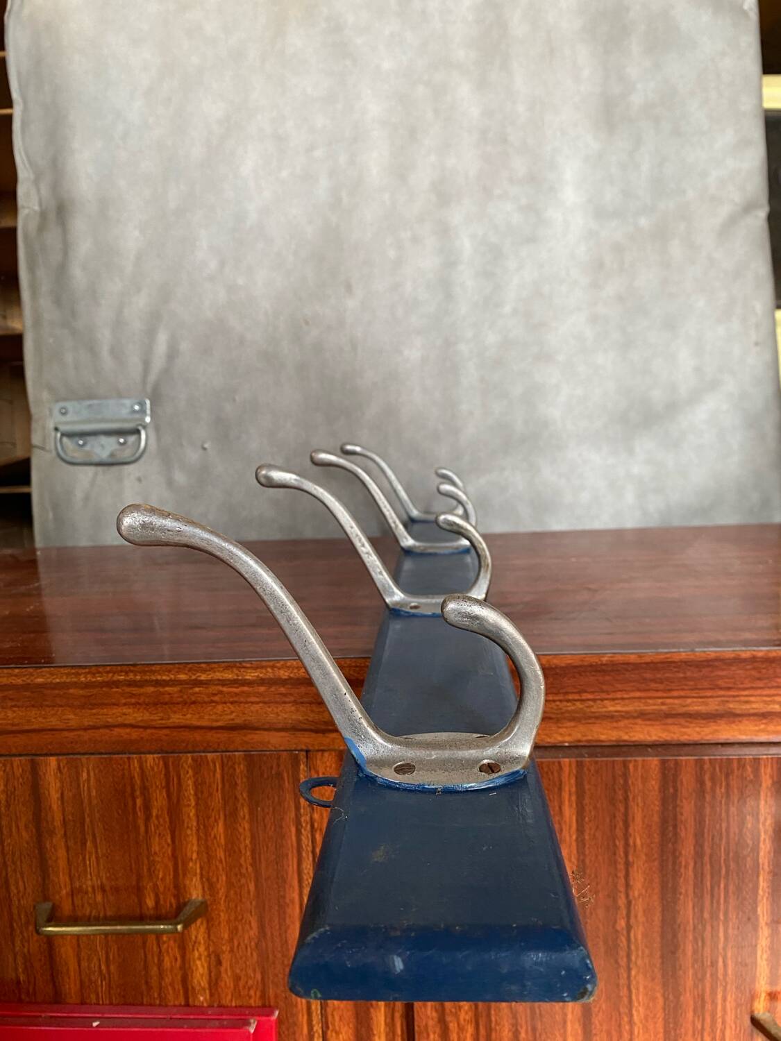 Old blue wood wall coat rack + 4 vintage aluminum hooks