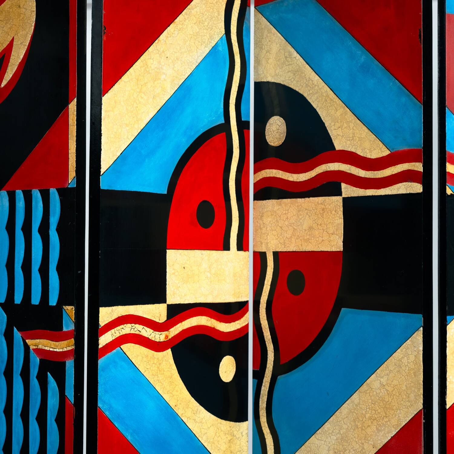 Room divider in art deco style with birds, geometric patterns, red, yellow, blue