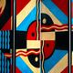 Room divider in art deco style with birds, geometric patterns, red, yellow, blue