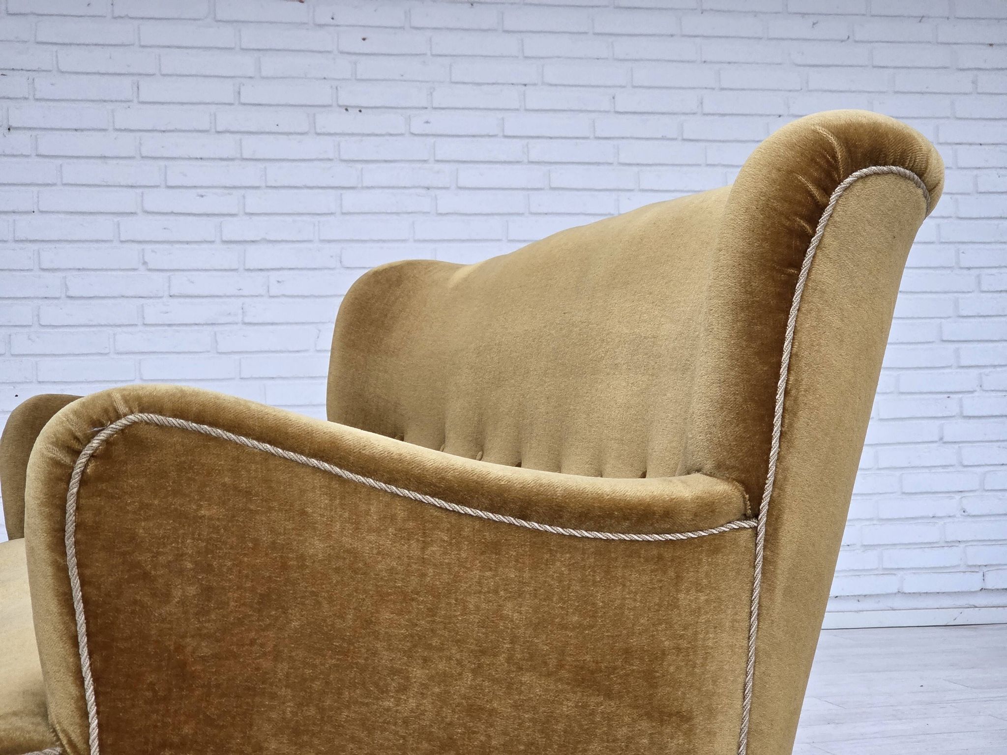 1960s, Danish 3-seater sofa, honey-yellow furniture velour, beech wood.