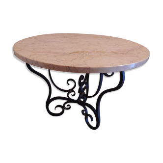 Table basse ronde en marbre et fer forgé années 70