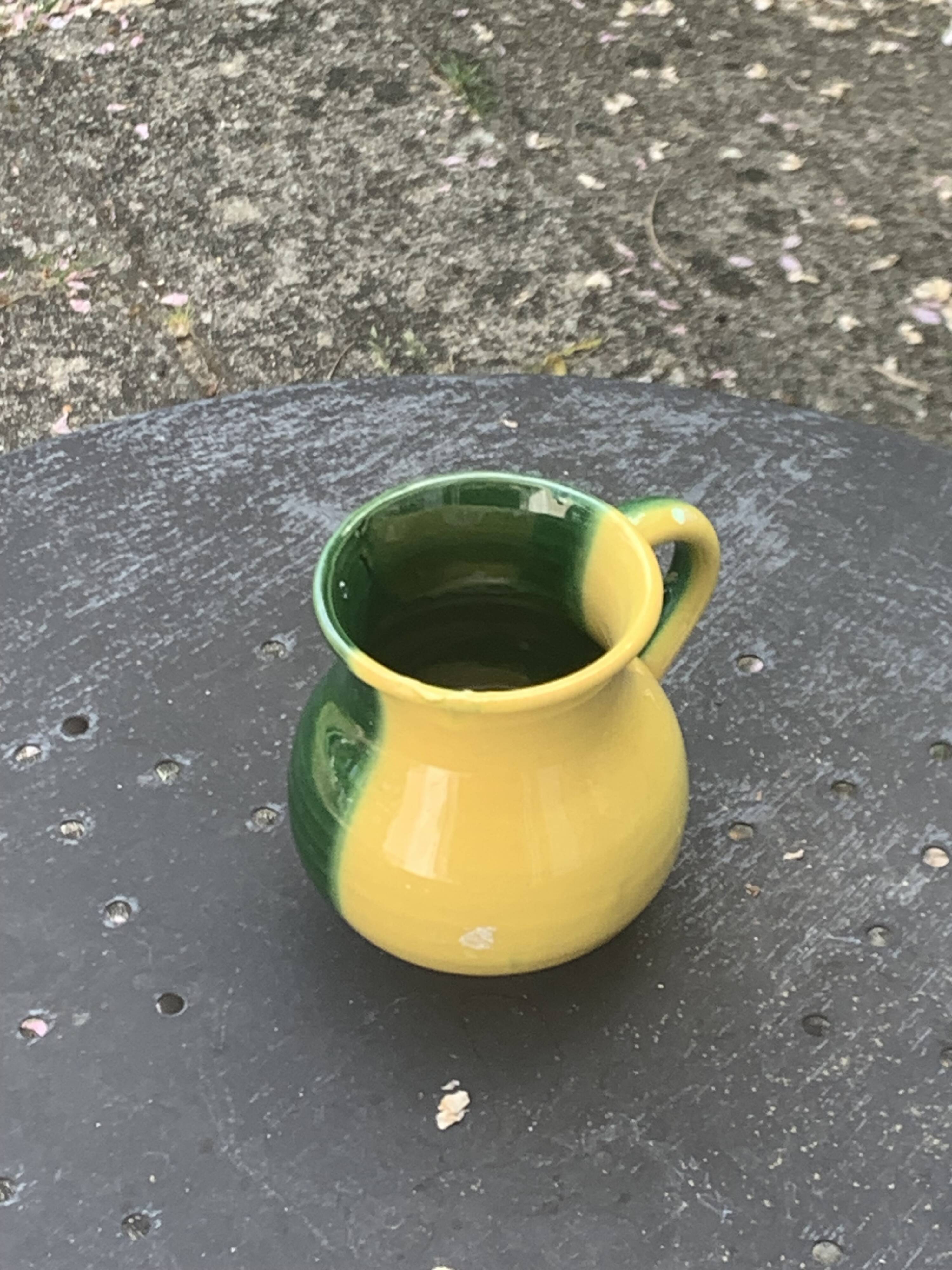 Vintage half-yellow and half-green glazed ceramic vase and pitcher