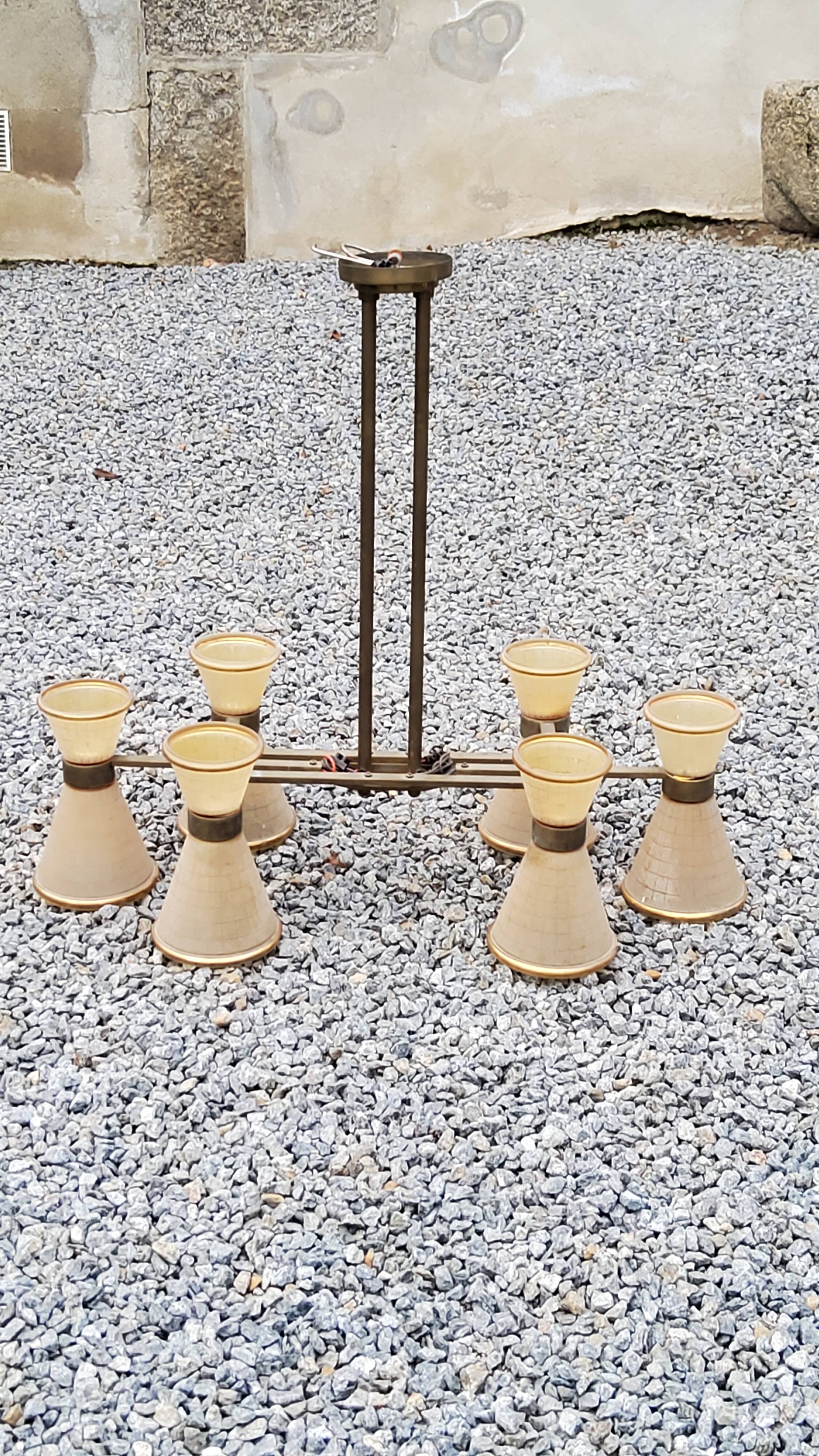 Vintage chandelier from the 50s in glass and brass 6 diabolo glass tulips