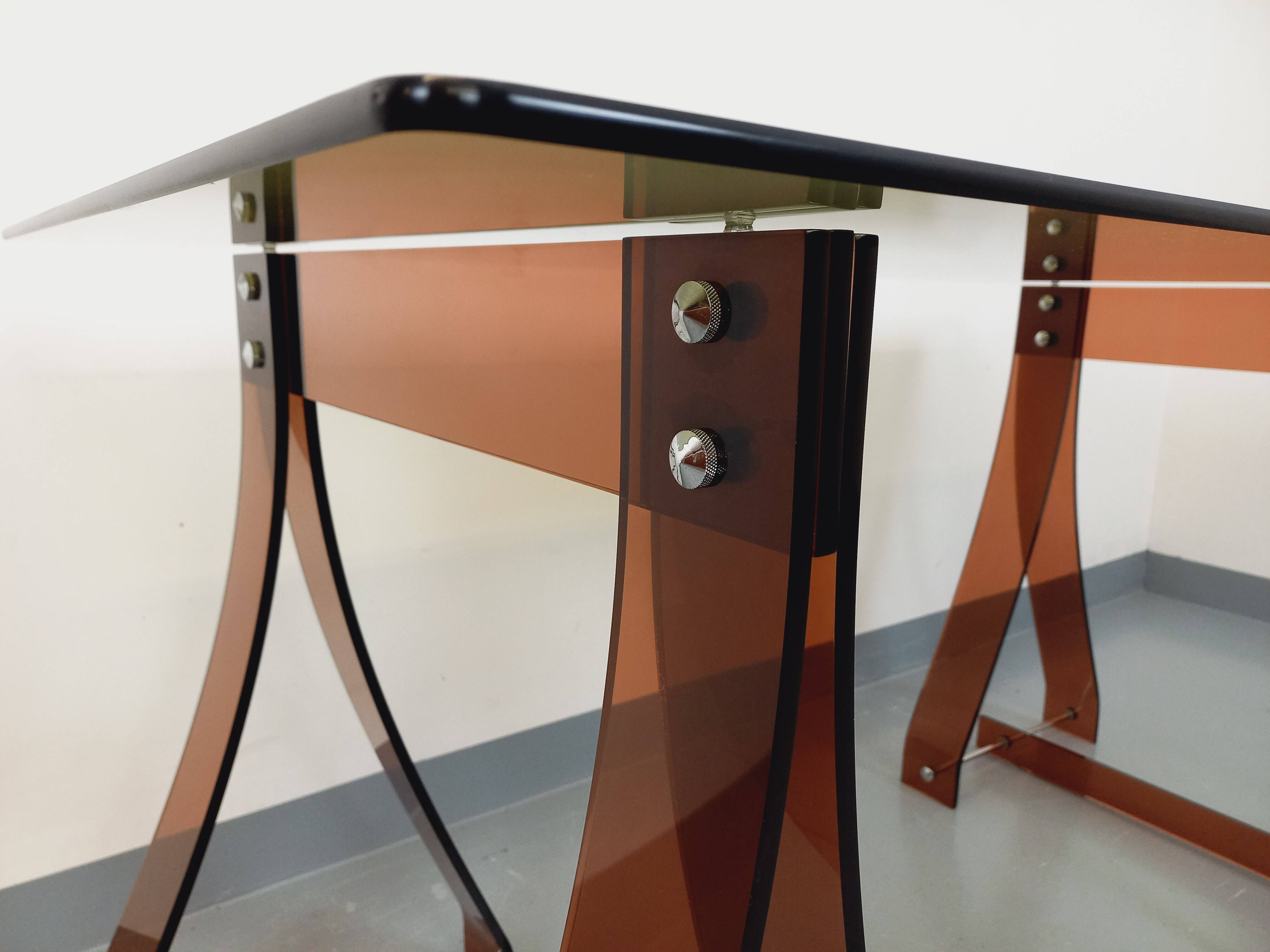 Vintage Marcello Gacita and Pierre Tiberi desk in smoked glass and plexiglass