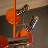 Vintage 4-spot pendant light / adjustable chandelier, chrome-plated & orange lacquered steel, Space Age design, 70s