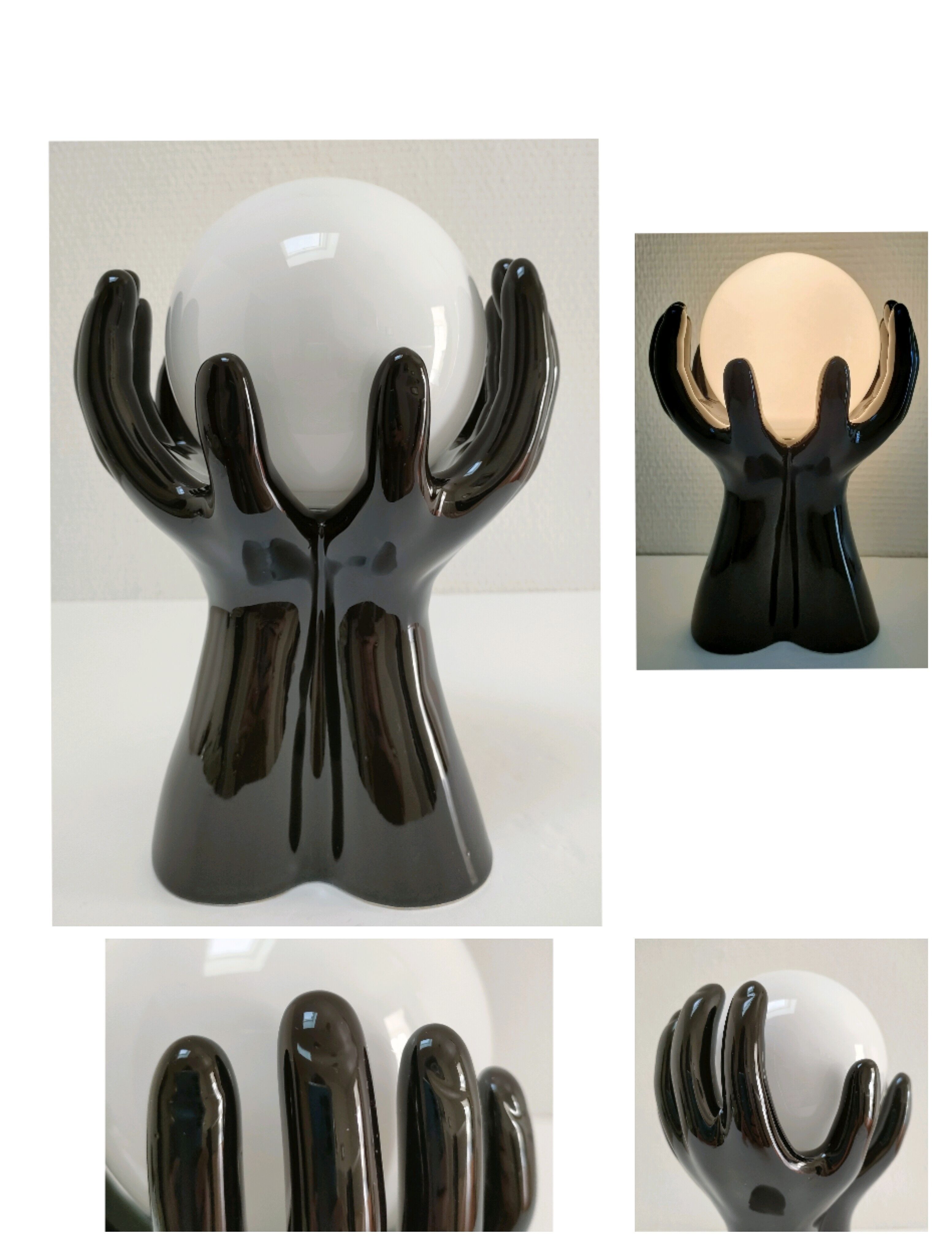Black ceramic and opaline design hand lamp 90s