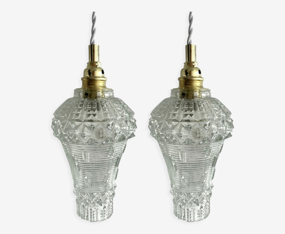 Lot de deux lampes baladeuses vintage en verre ciselé électrifiées à neuf