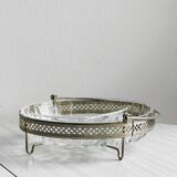 Glass dish with openwork metal support.