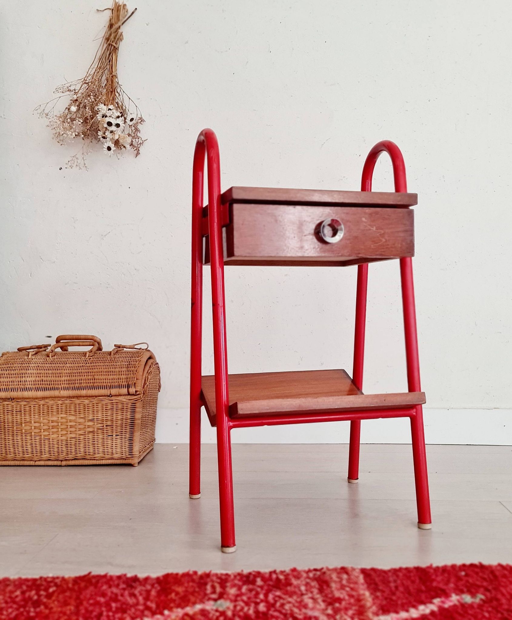 Small piece of furniture - boarding school type bedside table wood red metal