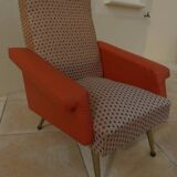 Retro vintage rockabilly armchair in orange faux leather and vintage fabrics