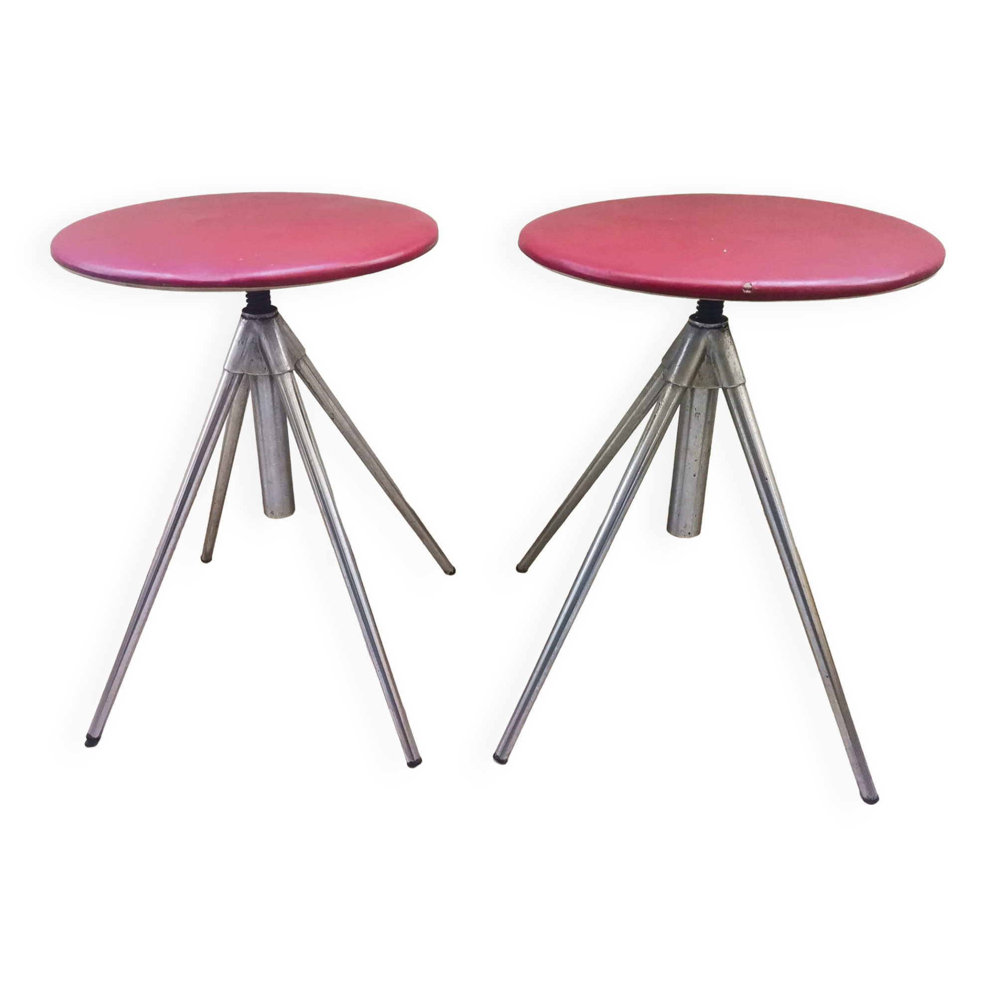German red leather swivel filigree rotating height adjusting stools by Hailo 1960s, Set of 2
