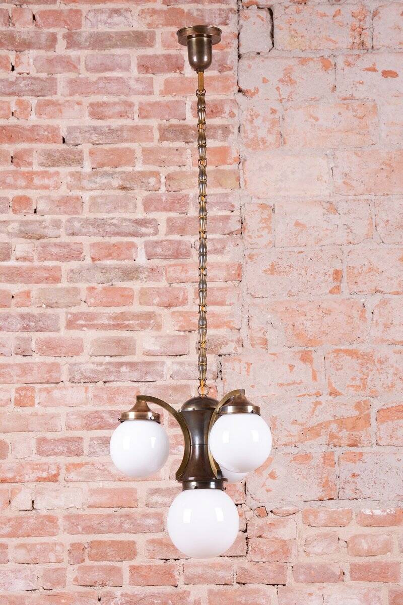 Art Deco Dissociative Chandelier in Brass and Opaline Glass, Czech, 1920s