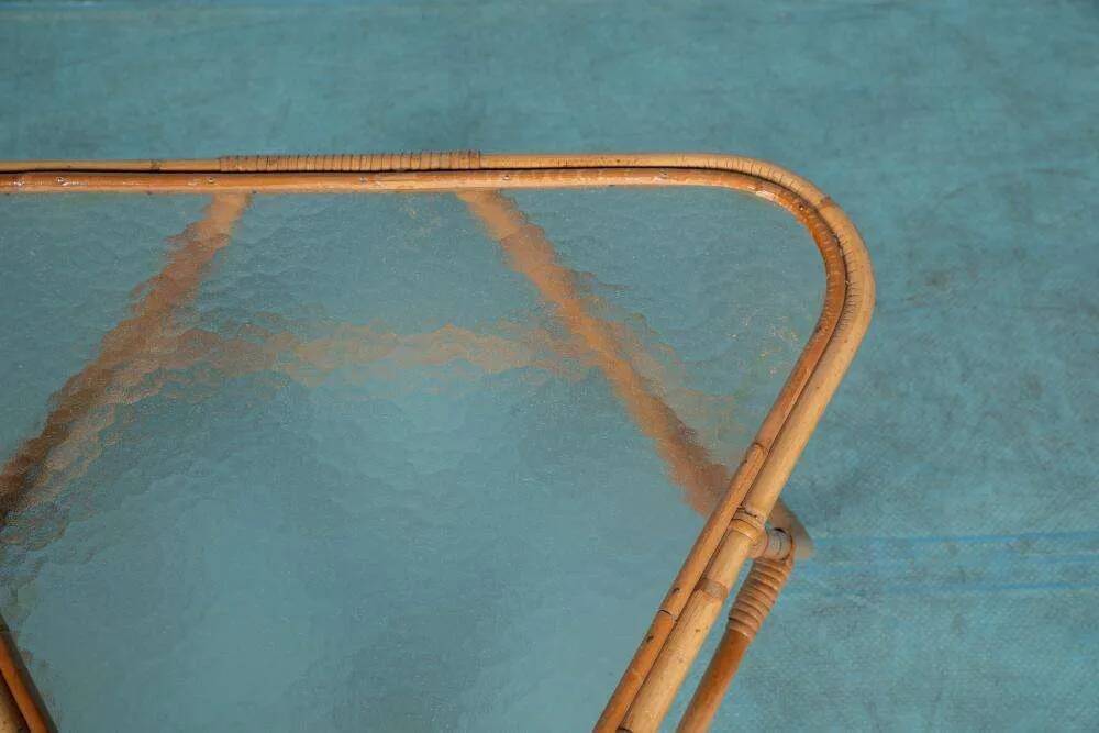 Vintage rattan coffee table from the sixties, bohemian rattan side table.