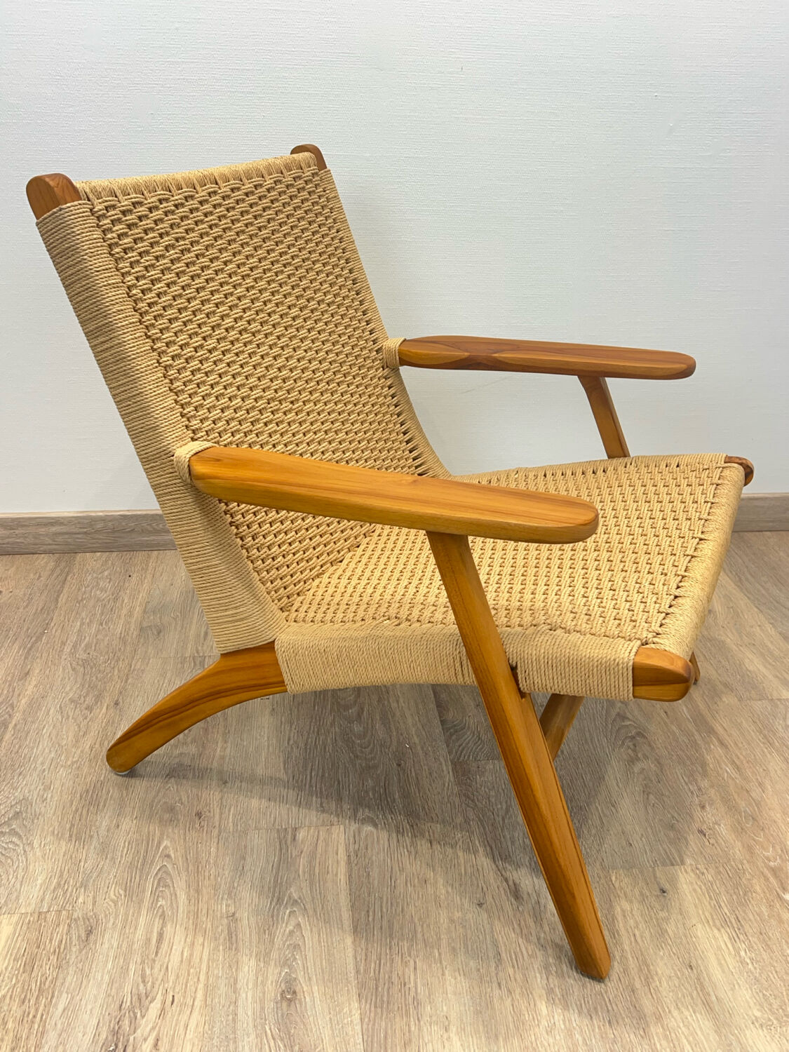 Pair of Scandinavian armchairs in woven solid teak.