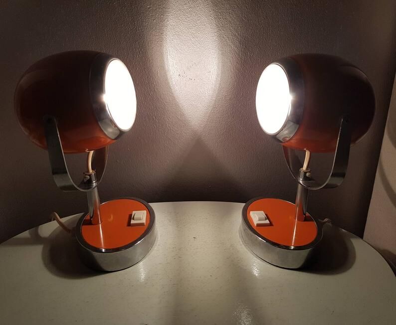 Pair of orange eye table lamps from the 70s space age