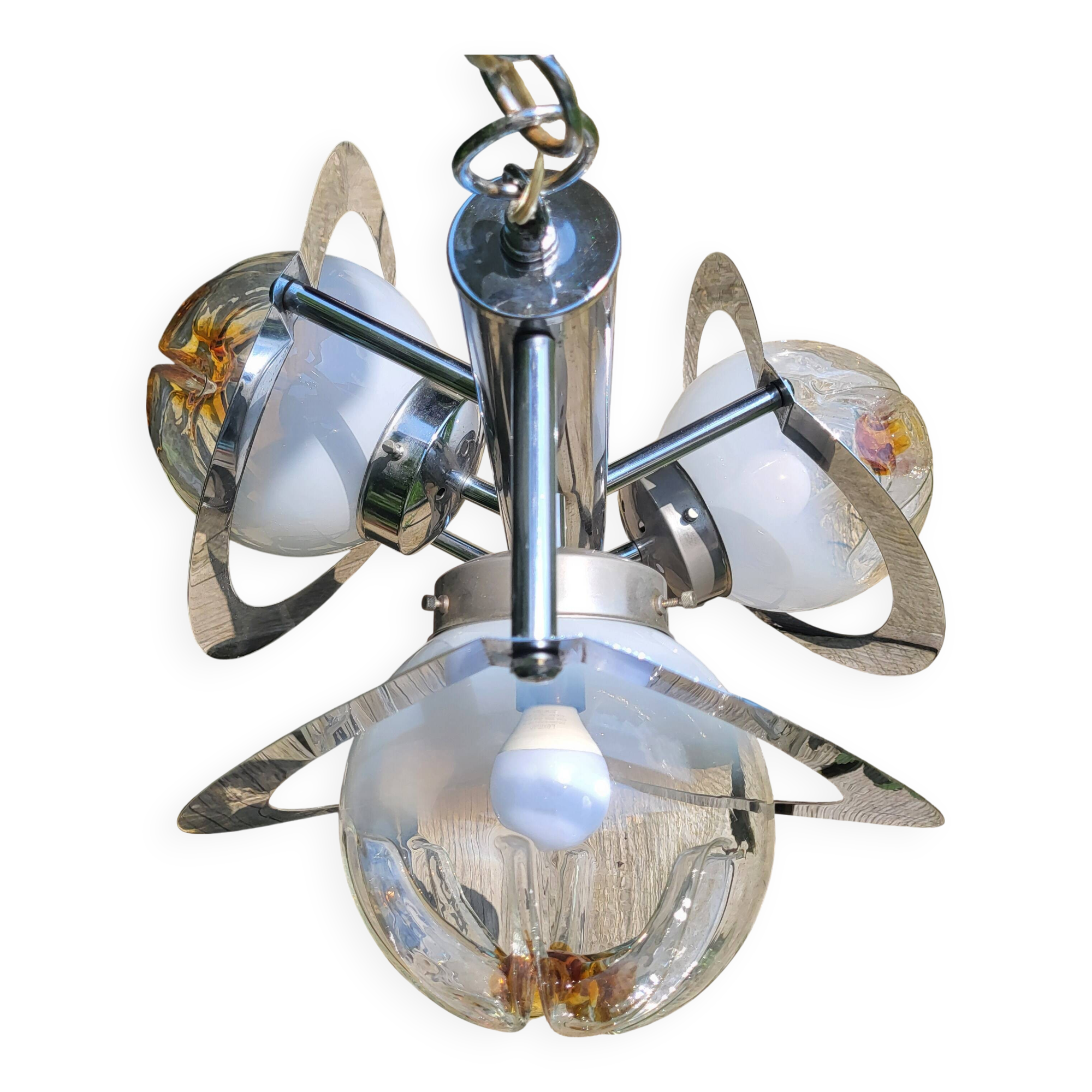 Pendant lamp, chandelier, chrome and Murano glass, Mazzega, Italy, 1960-70