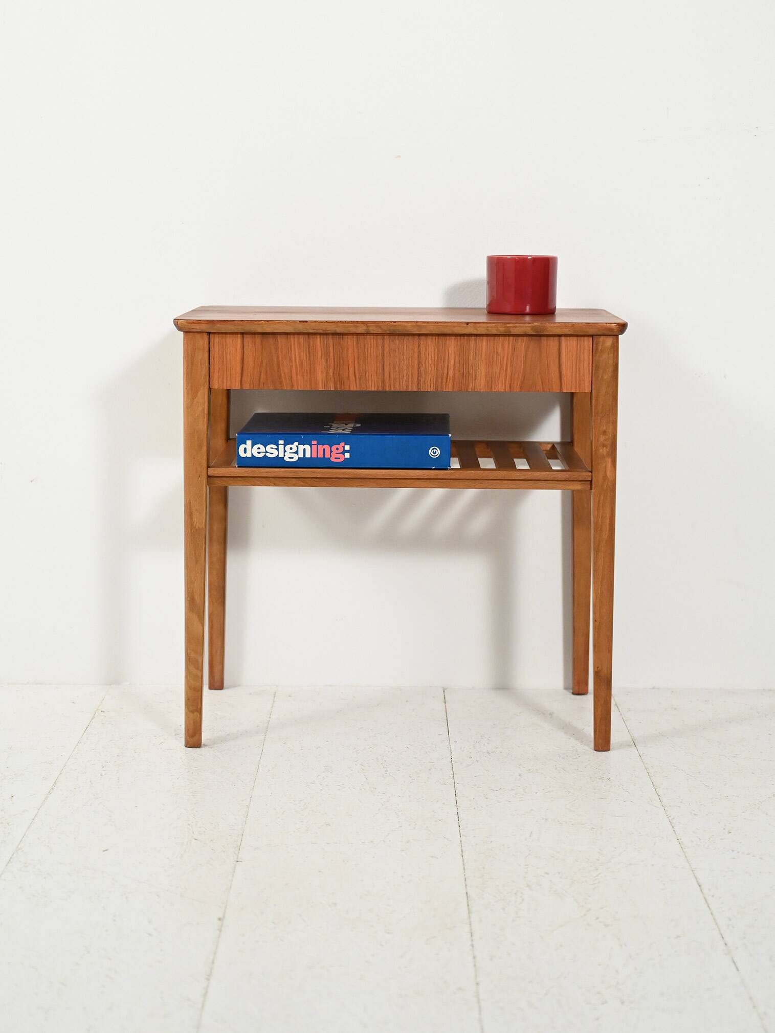 Scandinavian bedside table with slatted shelf