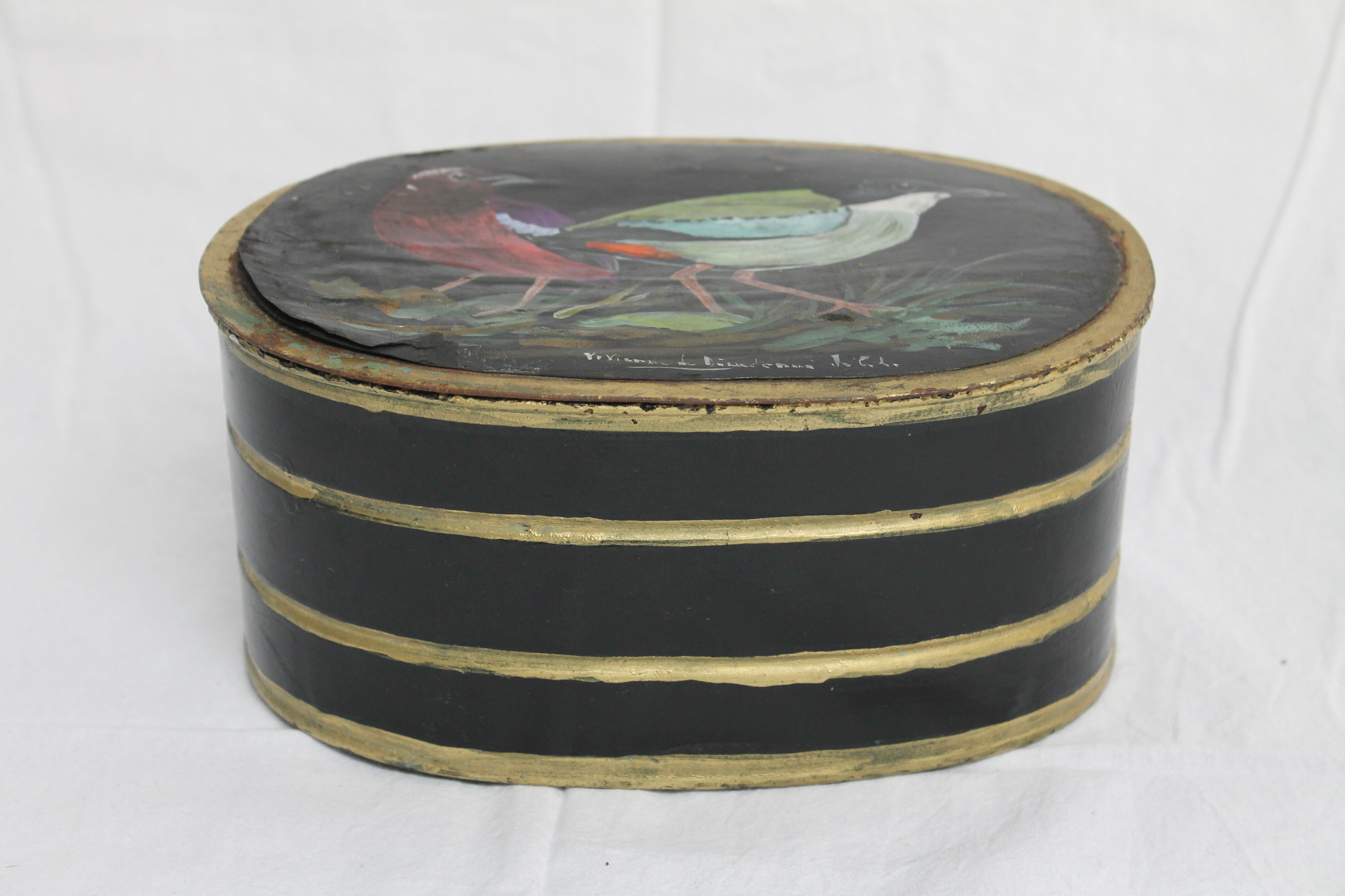 Napoleon III style metal box with painted and signed leather