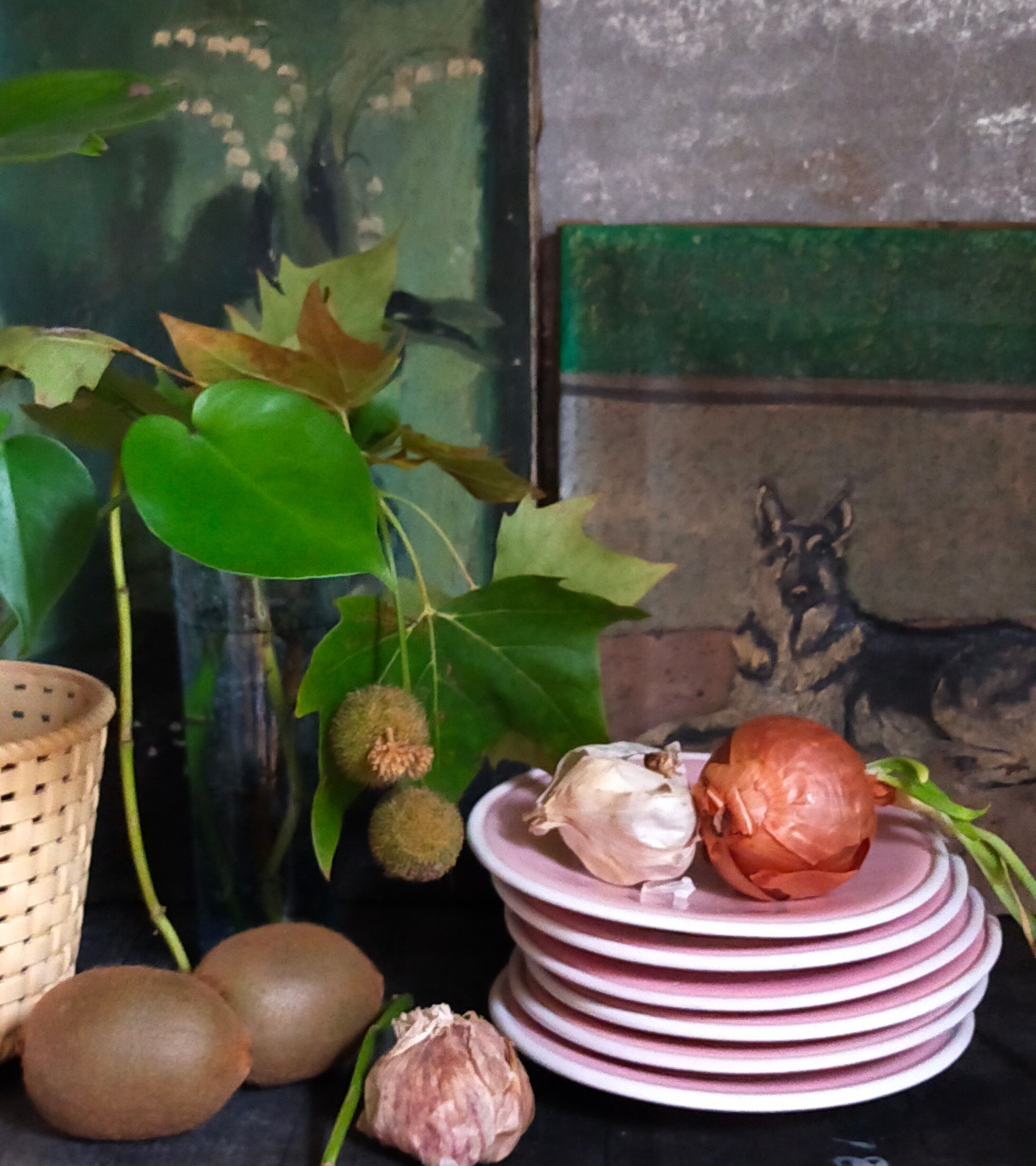 Six old pink earthenware dessert plates