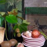 Six old pink earthenware dessert plates
