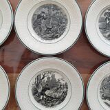 Série de 10 assiettes parlantes sur le thème de la chasse, faience fine, Digoin Sarreguemines