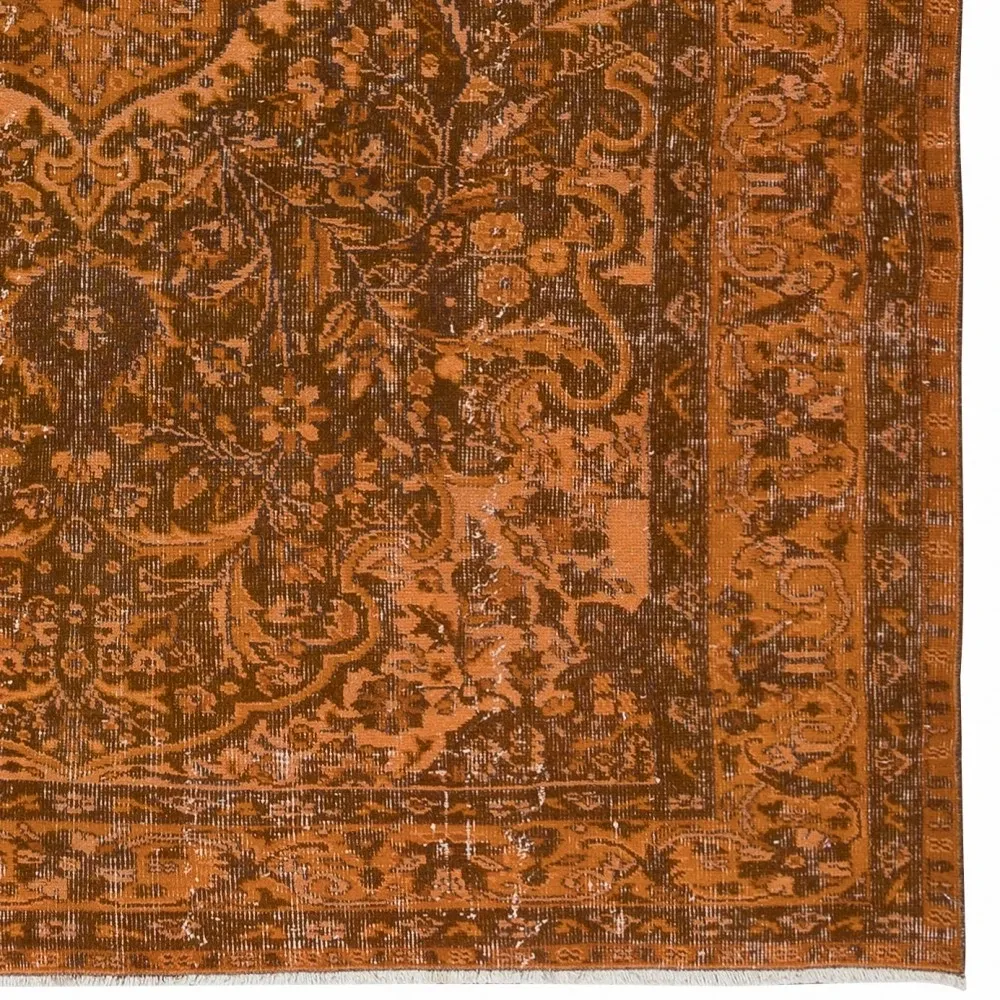 Vintage Hand-knotted Medallion Design Turkish Wool Area Rug Overdyed in Orange for Living Room