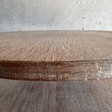 Art Deco round oak side table in light weathered oak with lower shelf, geometric three-leg design