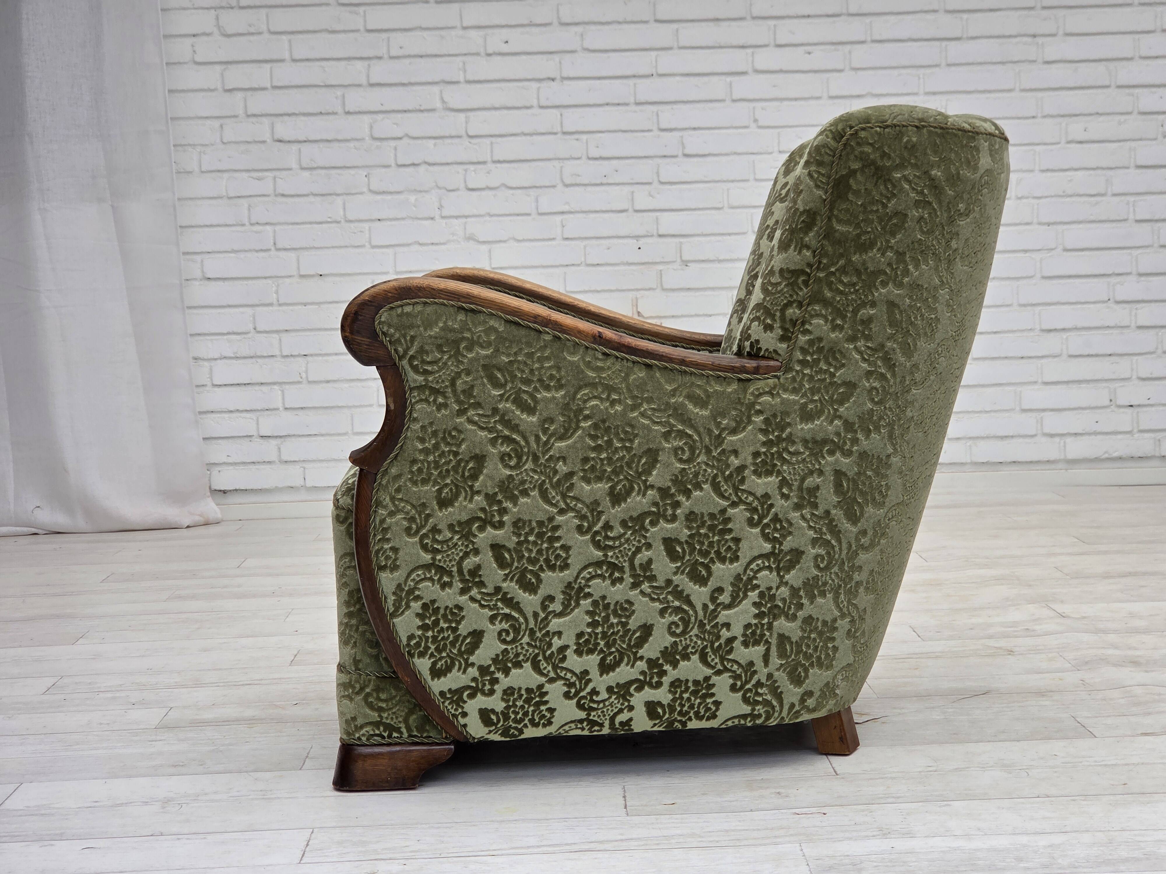 1960s, Danish armchair, green furniture velour, solid oak wood.