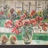 Old oil painting representing a still life