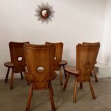 Set of 5 vintage 70s Brutalist design solid wood chairs