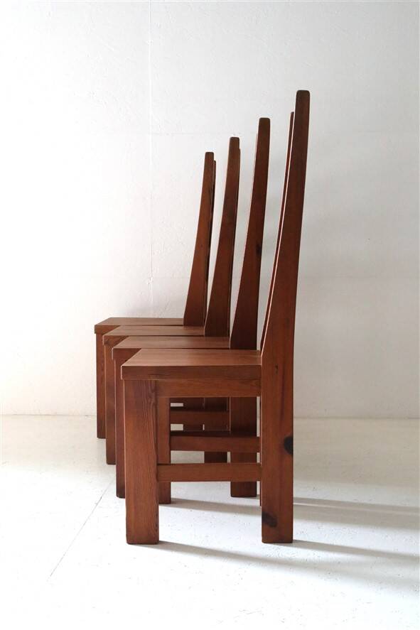 Set of 4 pinewood chairs by Sven Larsson / 1970s / Brutalism / Postmodern design