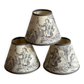 3 abats-jours en toile de Jouy grise et beige