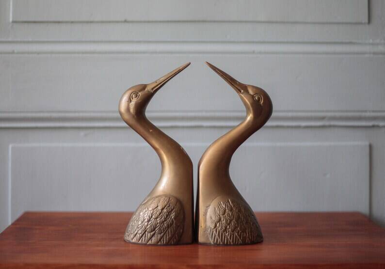 Vintage bookends, animal bookends, heron head, bird, brass sculpture, interior decor.