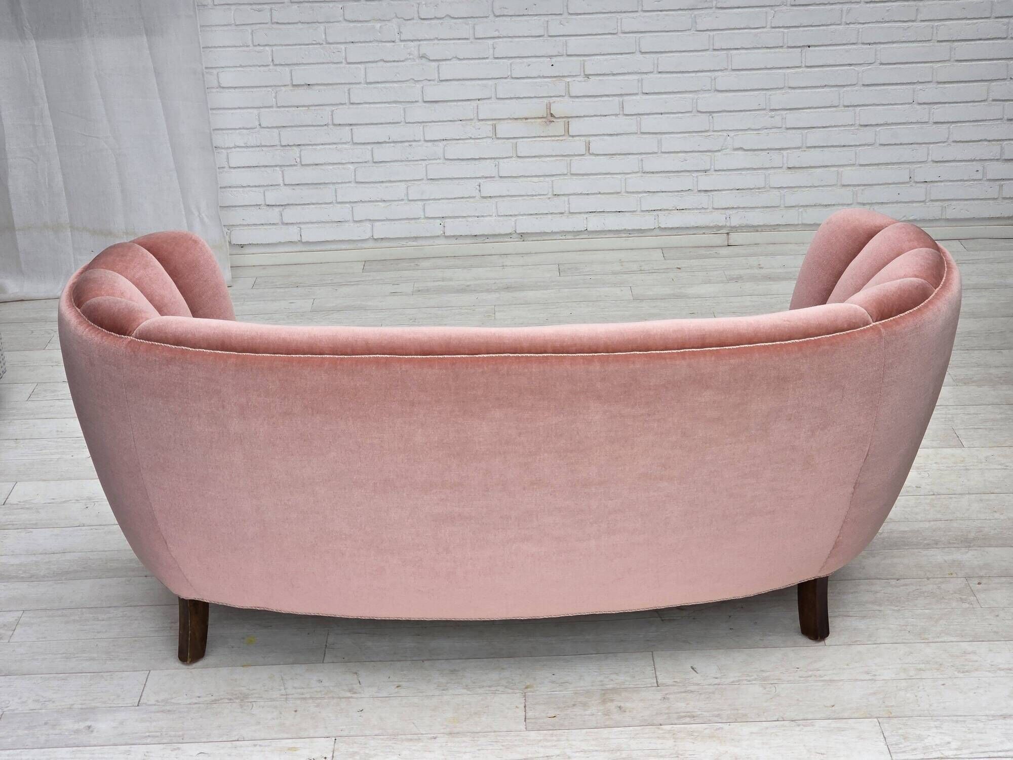 1970s, Danish 2-seater curved sofa, original salmon pink furniture velour.