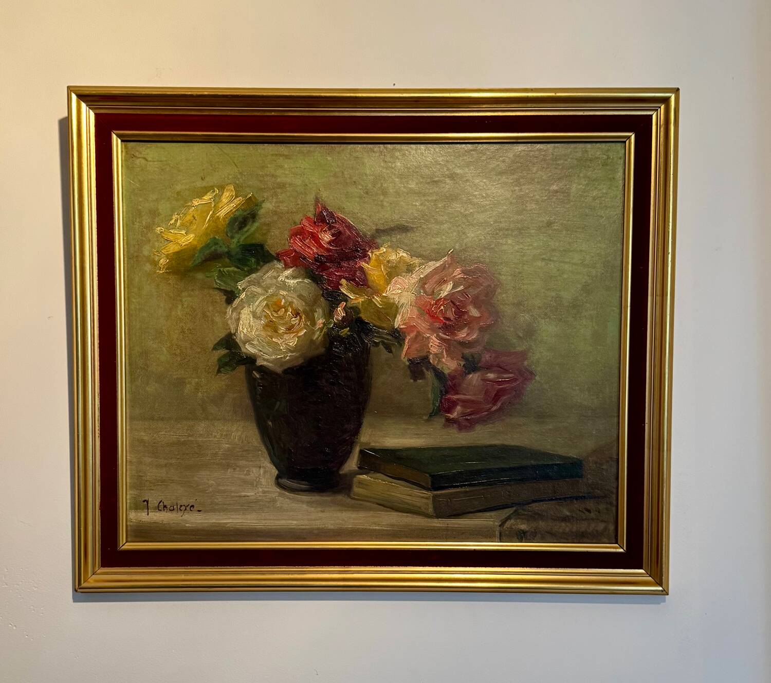 Antique painting, Still life with roses, signed Chaleyé