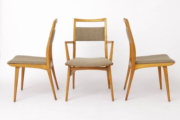 Ensemble de 3 chaises vintage en hêtre, 2 chaises de côté et 1 fauteuil, années 1970, Allemagne