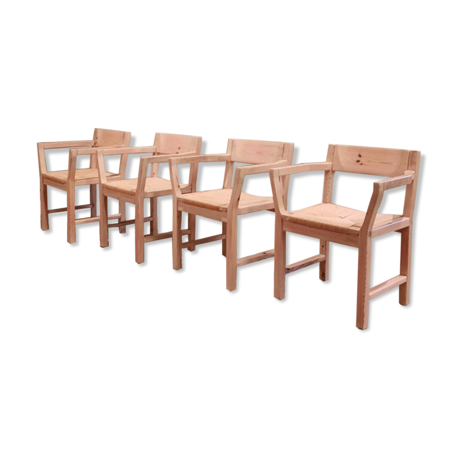 Set of 4 pine chairs with Tage Poulsen paper rope seat for Gramrode 1970