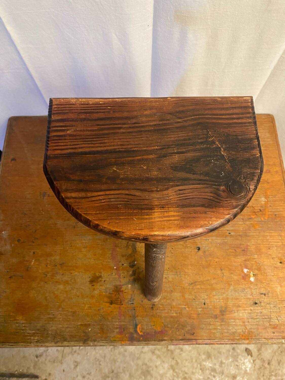 Antique milking stool tripod wood half moon seat vintage