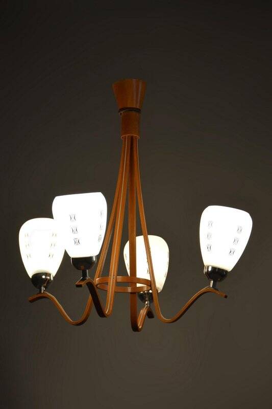 Mid-Century Chandelier in Beech and Glass from Dřevo Humpolec, Czech Republic, 1960s