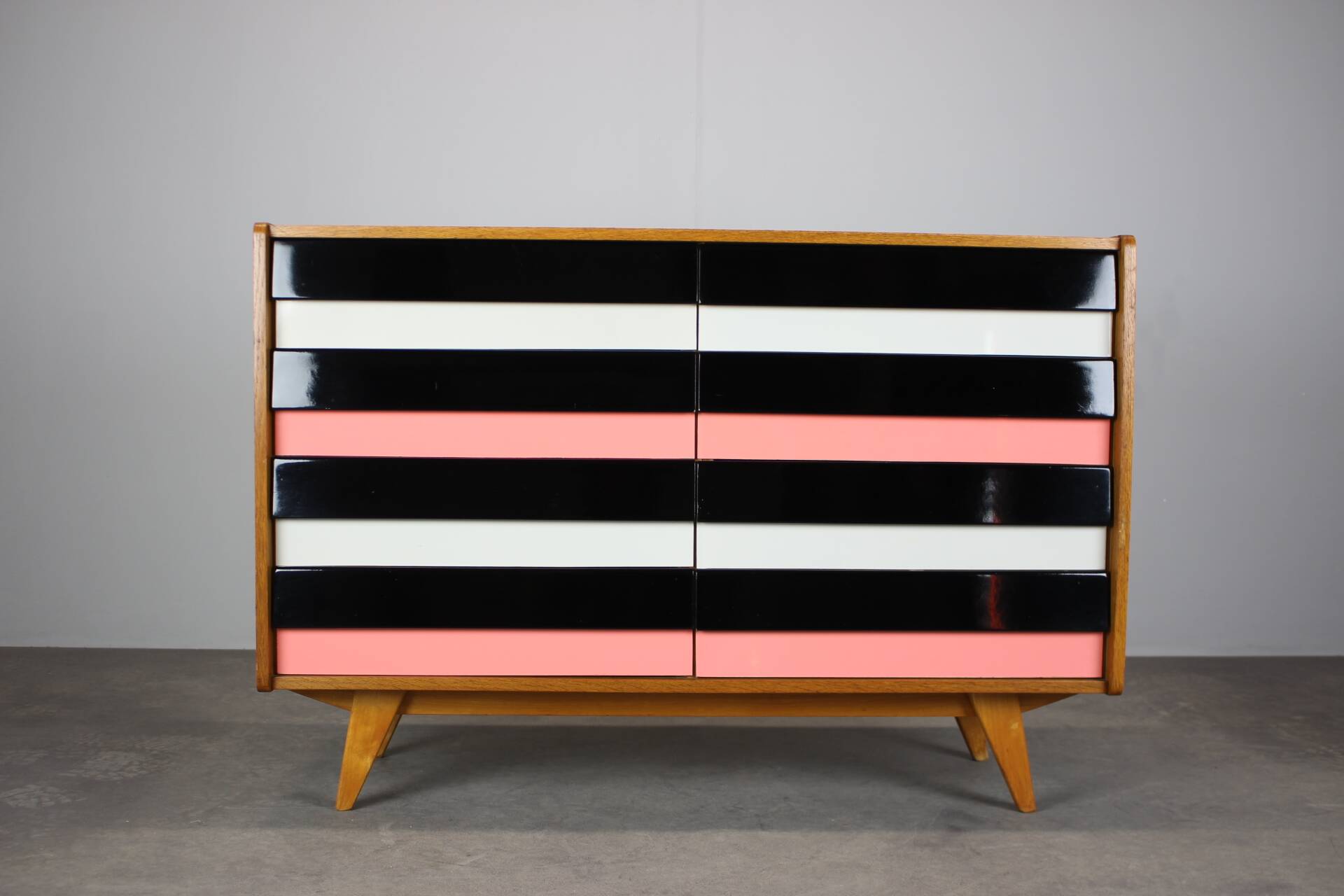 Restored 1960 chest of drawers by Jiroutek in oak with color-block drawers