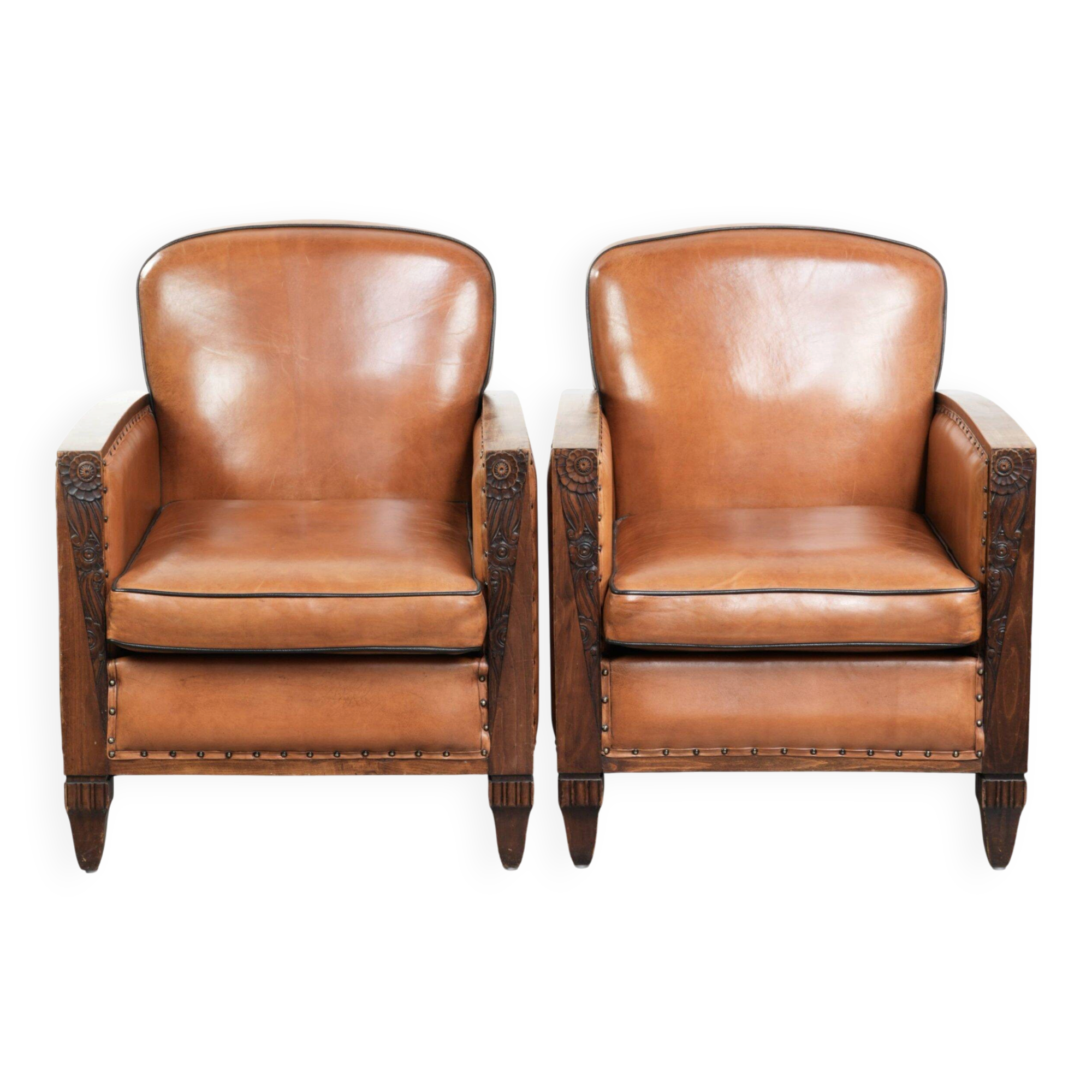Unique set of two beautiful sheepskin art deco armchairs