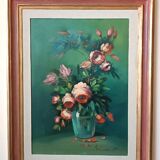Large oil painting on canvas vase with flowers signed