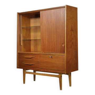 Mid Century Teak Highboard with Glass Display Cabinet & Sliding Door, 1960s