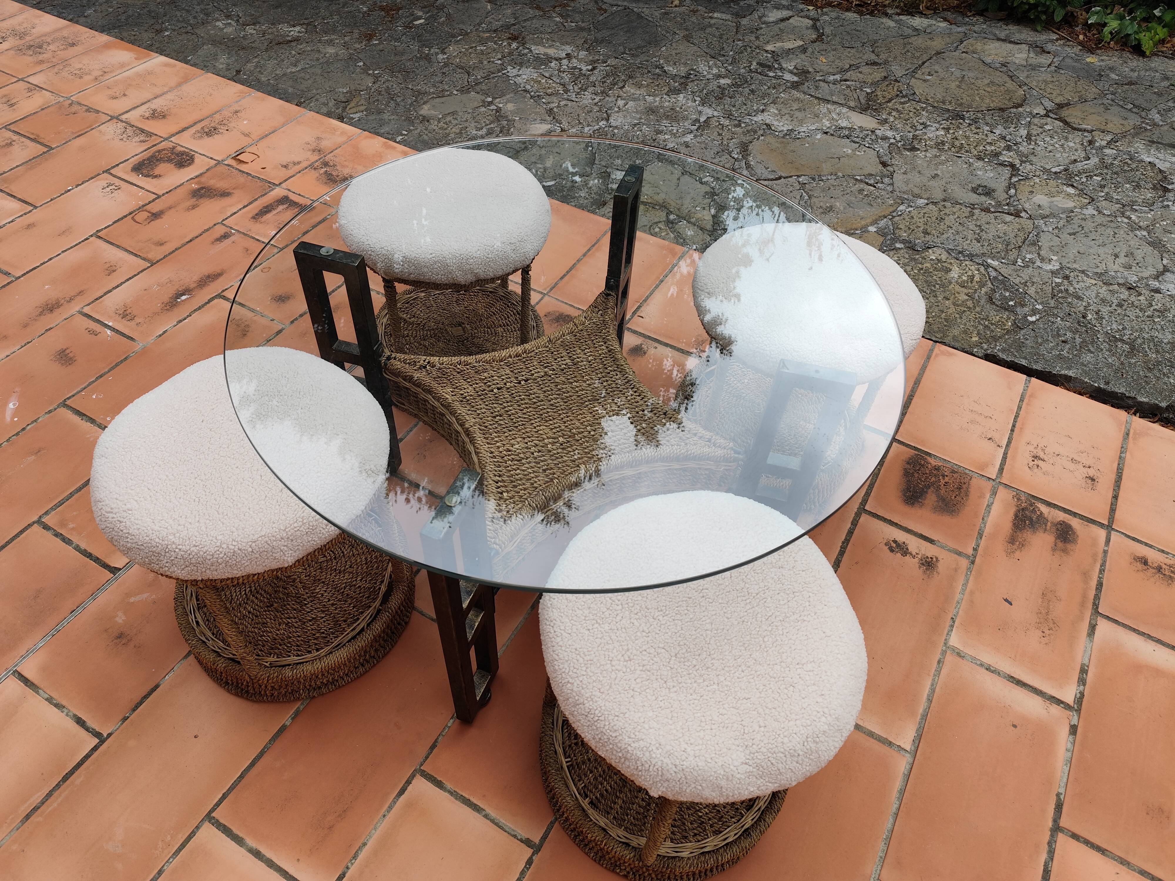 Vintage 1970s rope & rattan coffee table and 4 stools