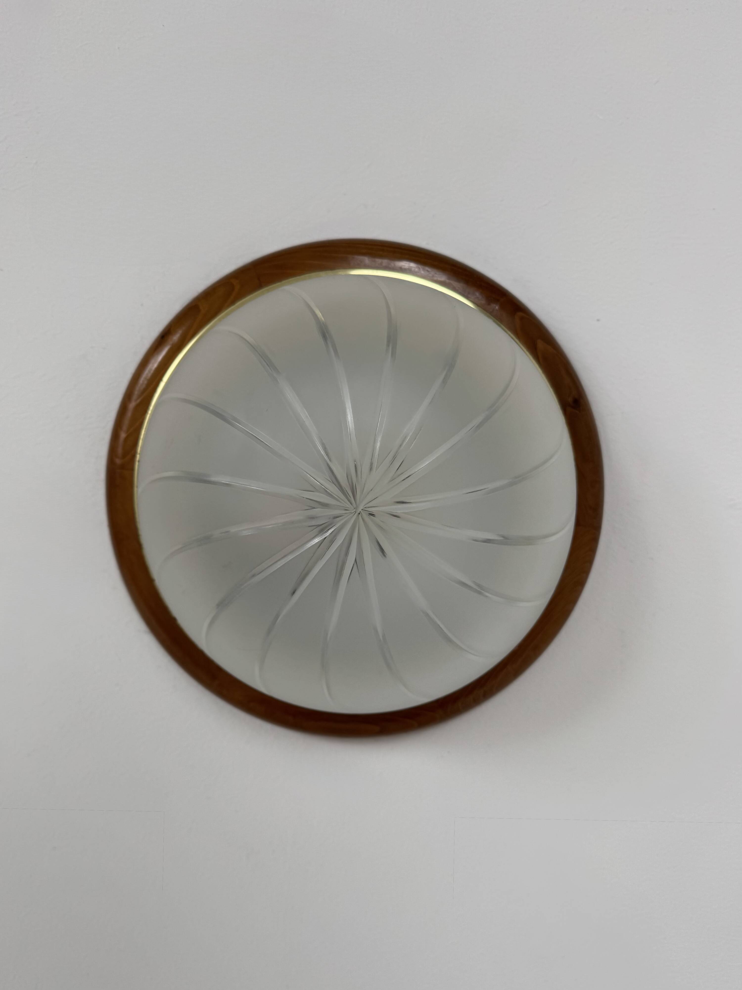 Pair of vintage wall lights, wood, brass and frosted glass, France, 1970.