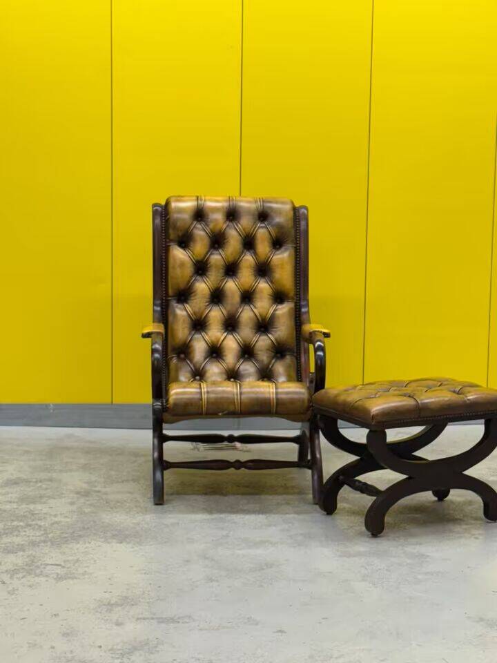 Original English Chesterfield Wingback Chair & Matching Footstool